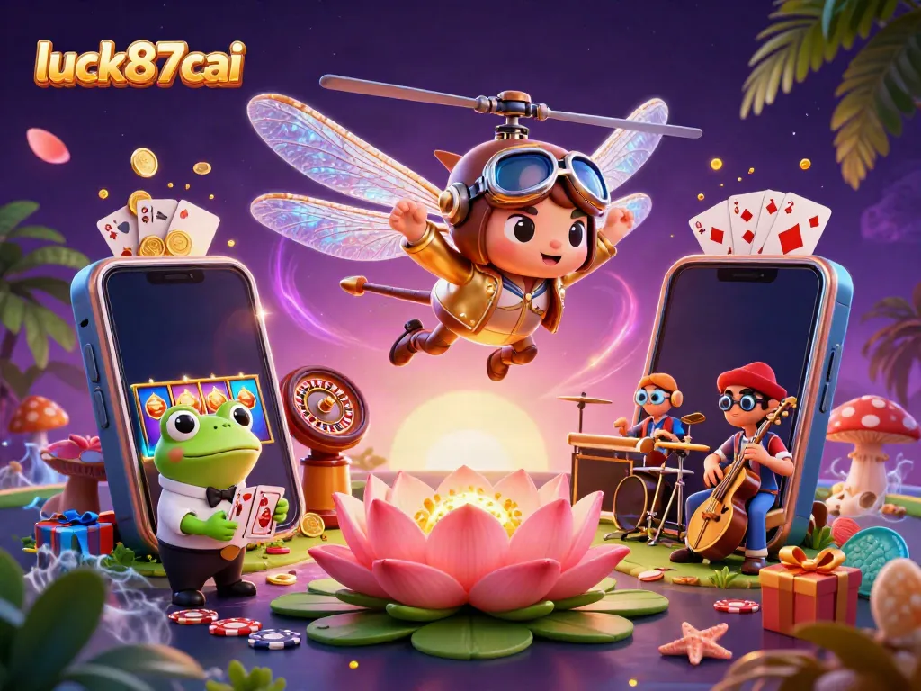 Experience luck87cai: vibrant casino scene with dragonfly pilot, frog dealer, and animated game elements.