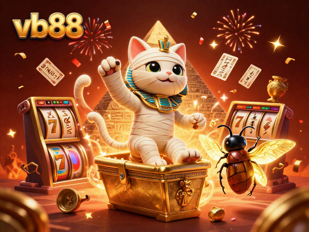 Engage with VB88's thrilling gaming adventure featuring a mummy cat and a scarab in a pyramid casino.
