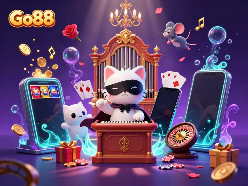 Experience the lively Go88 casino scene with a spinning smartphone game amidst magical visuals.