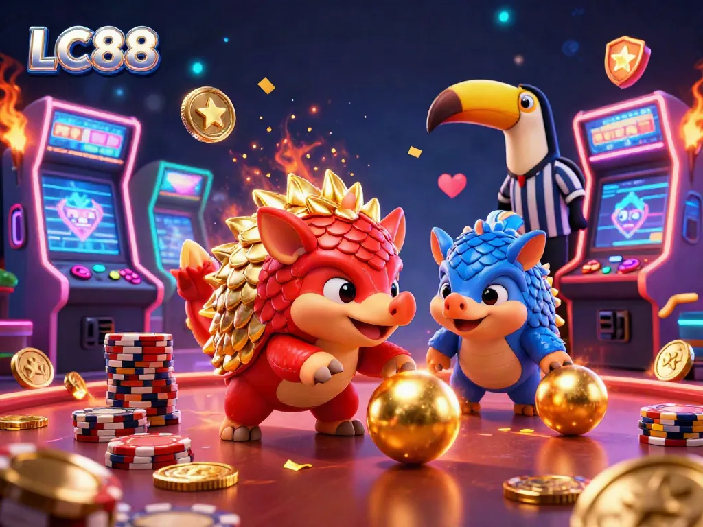 Engage in thrilling action at LC88 with rival pangolins competing in a vibrant casino-inspired arcade game.