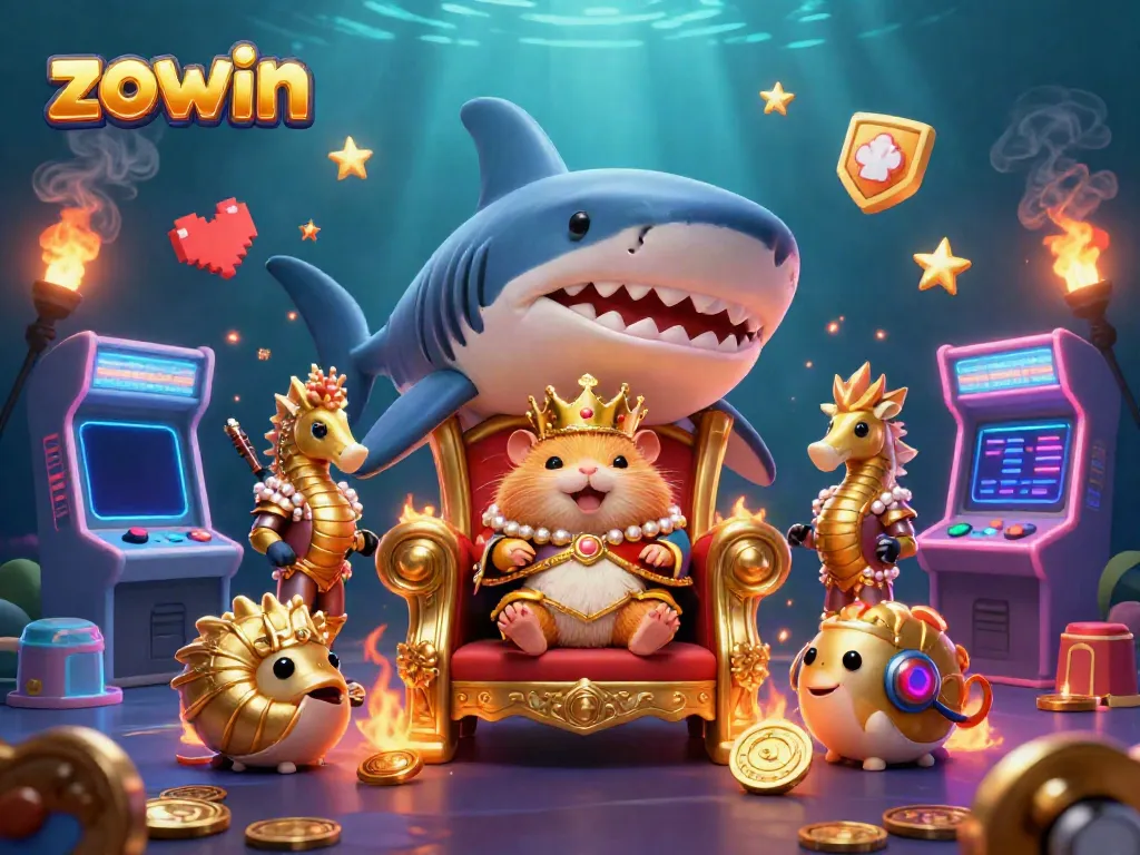 Engage with the dynamic gaming experience at zowin featuring a golden hamster king and vibrant 3D game elements.