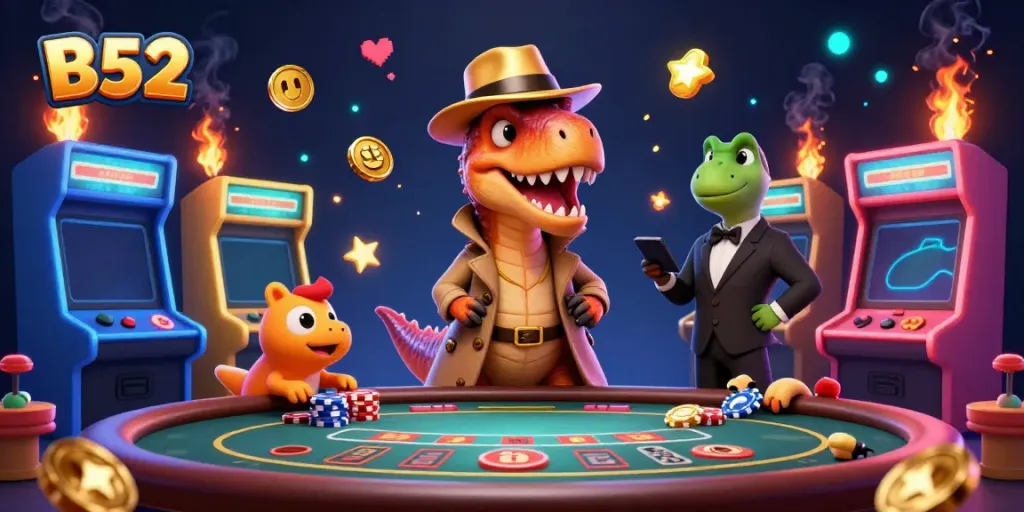 Experience thrilling gaming action with B52’s velociraptor card counter at a vibrant casino scene.