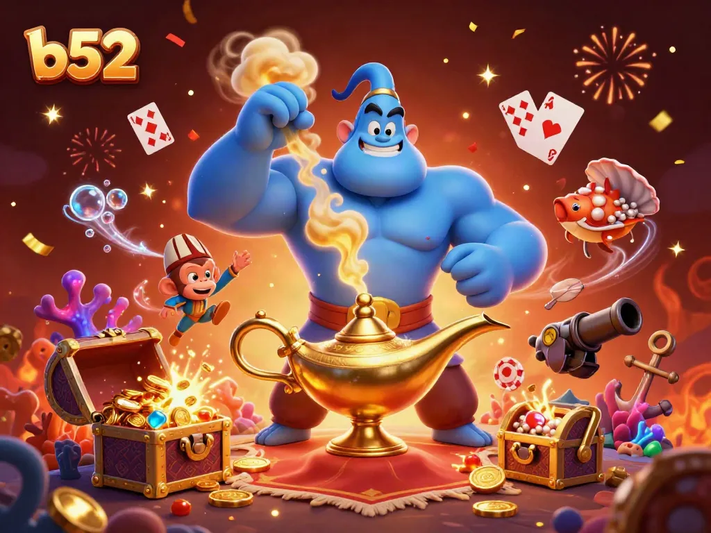 Engage with exciting b52 casino gameplay featuring a genie, treasure, and vibrant colors.