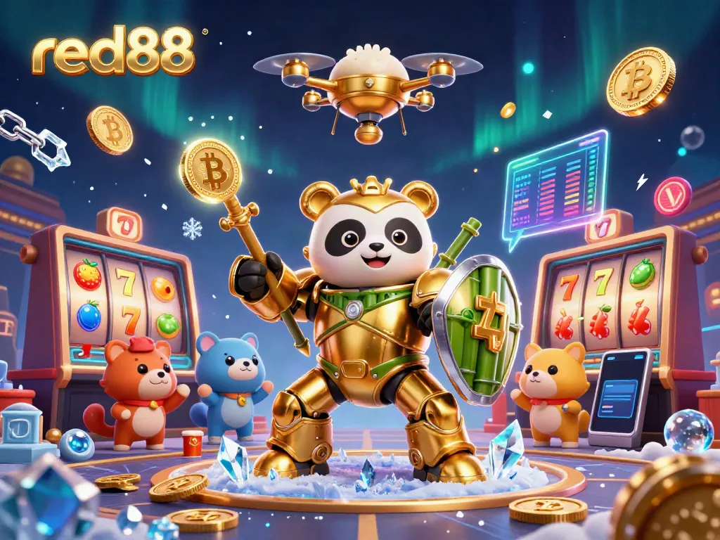 Engage with the vibrant red88 mech-suit panda in an action-packed virtual casino encounter.