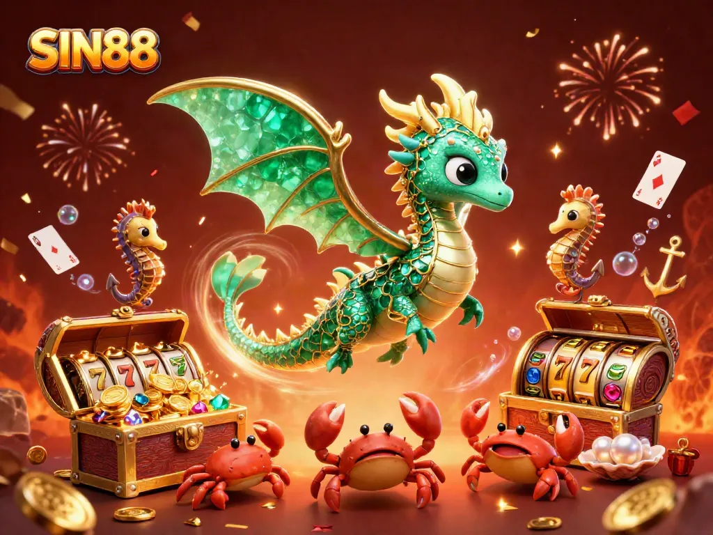 SIN88 showcases an exciting underwater casino adventure with a lively sea dragon and treasure chest filled with gold.