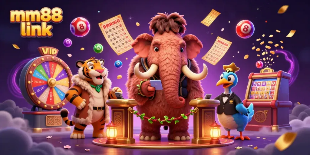Experience the excitement of mm88 link with a dynamic casino illustration featuring unique characters and vibrant game elements.