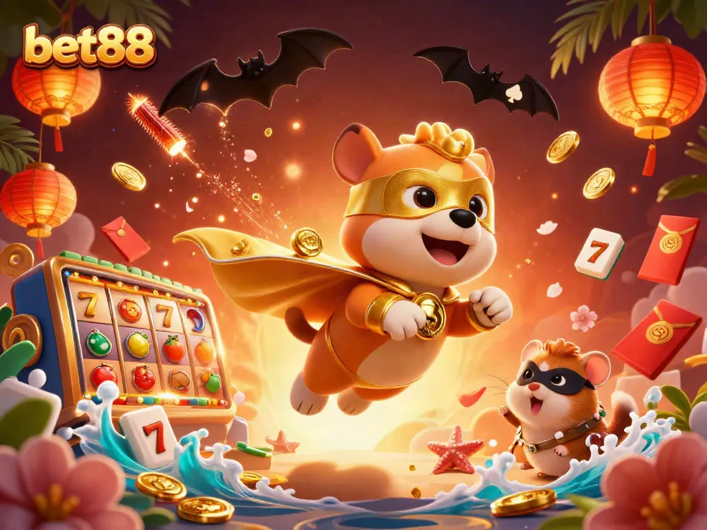 Experience thrilling gameplay at bet88 with a superhero dog flying through a vibrant casino world.