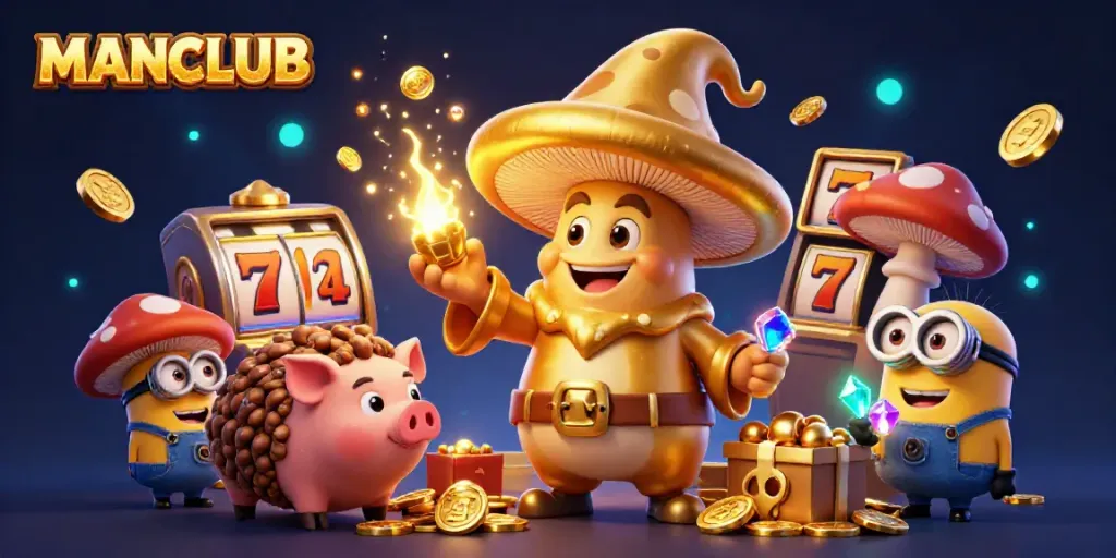 Engage in the magical realm of MANCLUB with golden characters transforming casino symbols as a truffle pig sniffs out treasures.