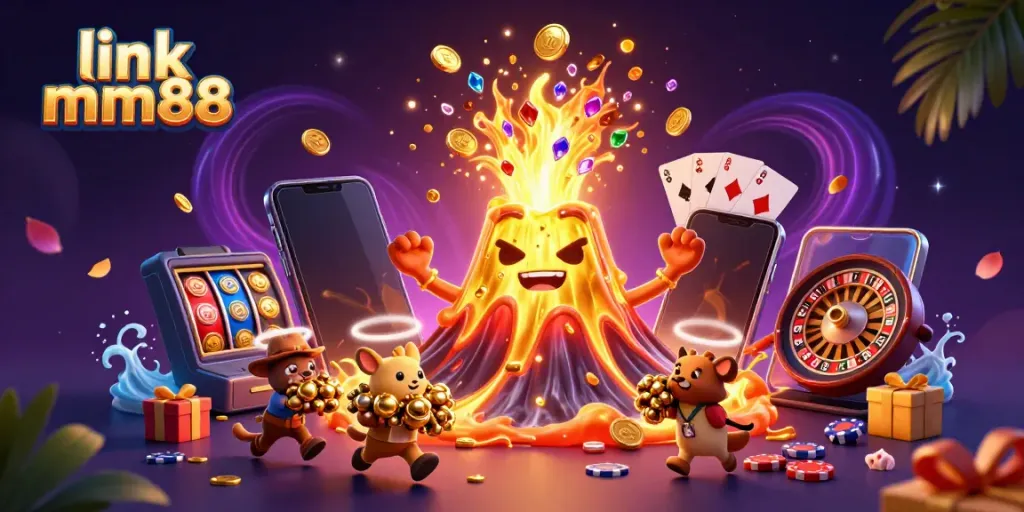 Experience winning thrills with link mm88 as the golden volcano erupts treasure in a vibrant casino scene.