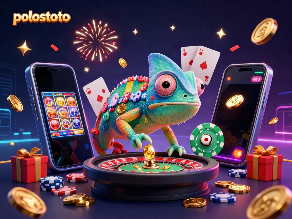 Experience the thrill of gameplay in polostoto with a vibrant chameleon casino owner amidst golden coins and colorful slots.