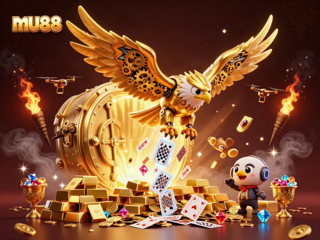 Experience thrilling casino action with mu88's 3D golden eagle soaring among rich treasures and game symbols.