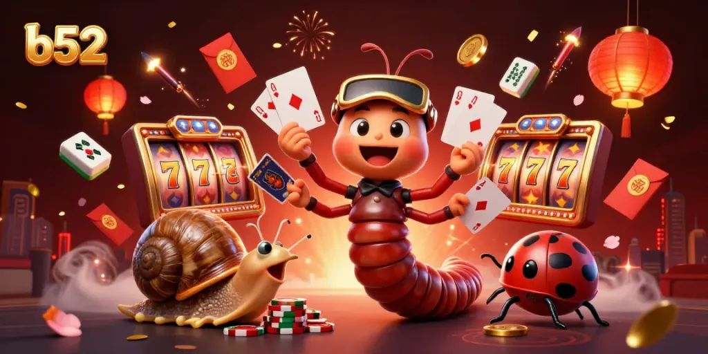 Experience the thrill of b52 slots with an engaging 3D illustration of a whimsical casino scene.
