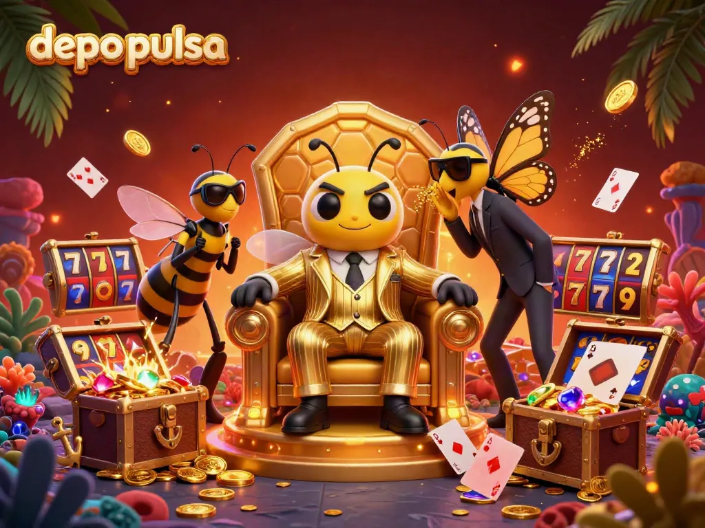 Experience excitement with depo pulsa as a bumblebee mob boss and wasp bodyguards in a vibrant casino scene.