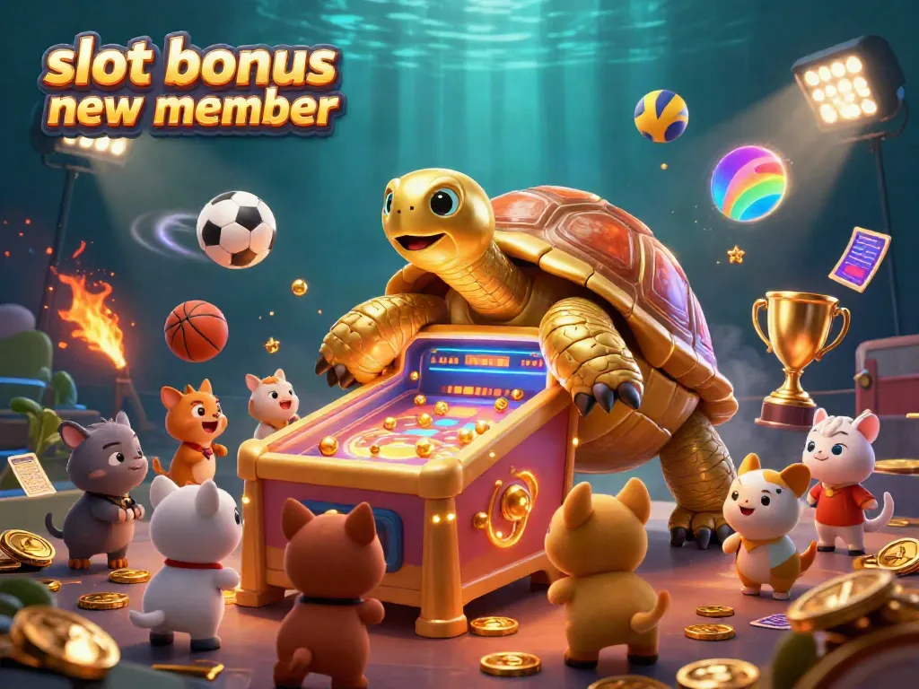 Experience the excitement of winning with a slot bonus new member featuring a golden tortoise pinball machine and vibrant casino elements.