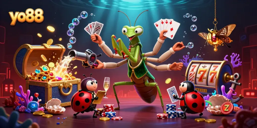 Experience excitement with yo88 as a giant mantis deals cards in a vibrant casino scene.
