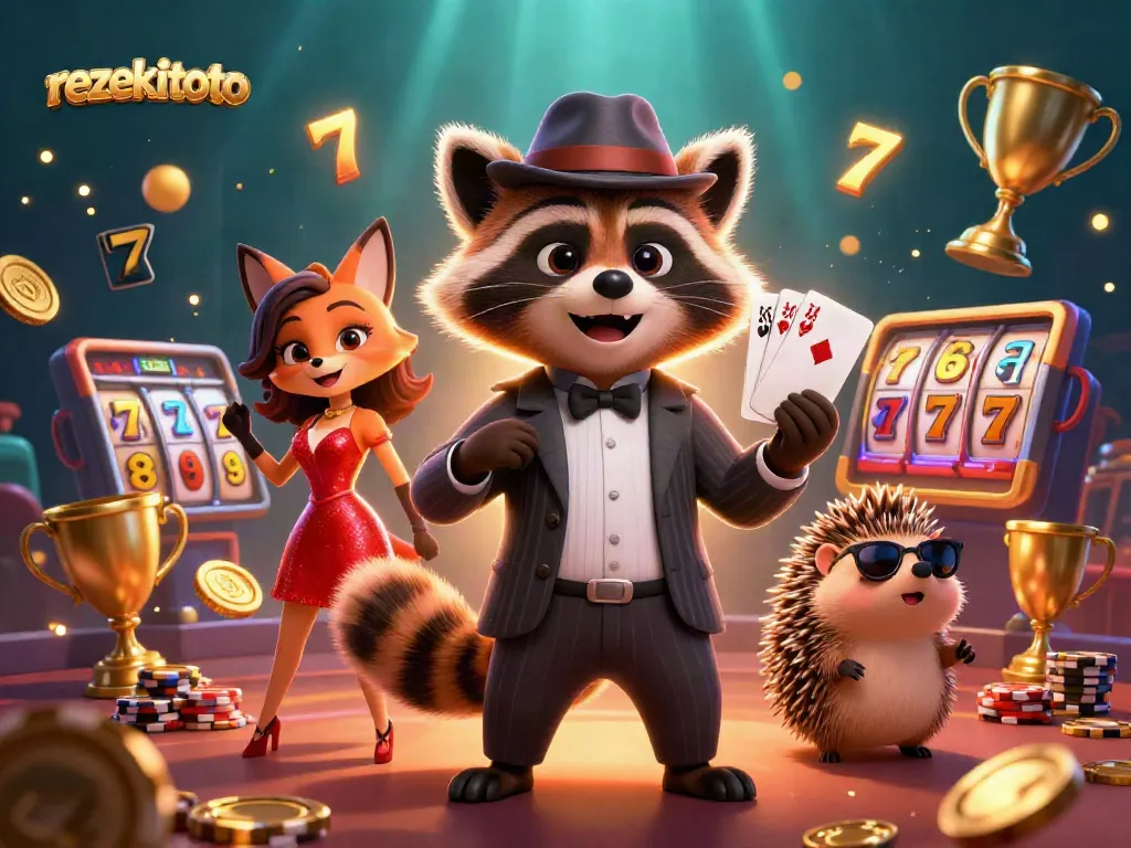 Experience rezekitoto's vibrant casino atmosphere with lively cartoon characters, slot reels, and golden trophy cups!
