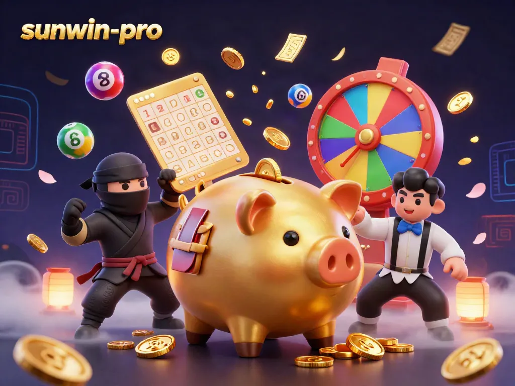 Experience the dynamic excitement of sunwin-pro with colorful games and gold coins raining down.
