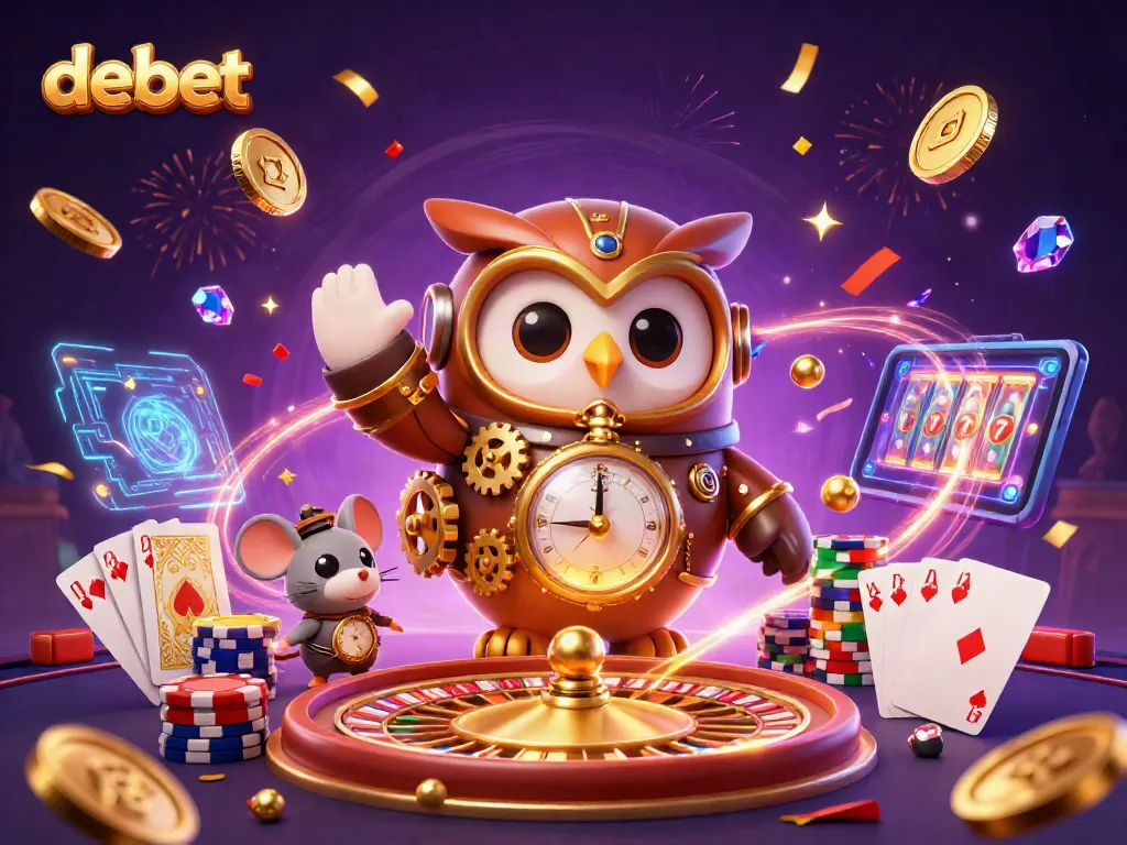 Engage with debet's exciting 3D casino experience featuring a time-traveling owl and gold coins.