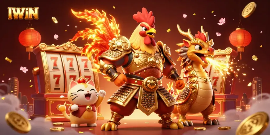 Engage with IWIN's dynamic casino atmosphere featuring a golden samurai rooster and dragon in vibrant 3D art.