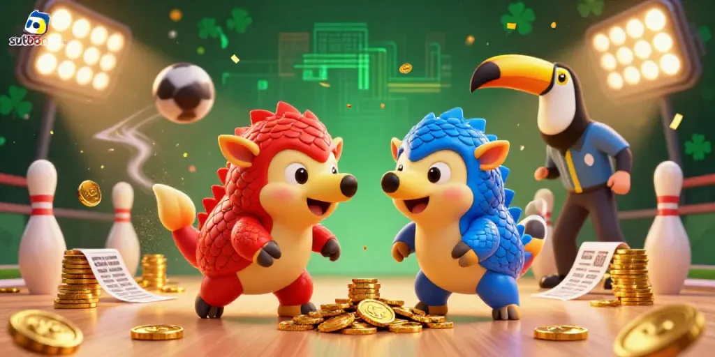 Sutbongtv pangolins compete in a vibrant gambling scene, rolling through golden betting slips and sports balls.