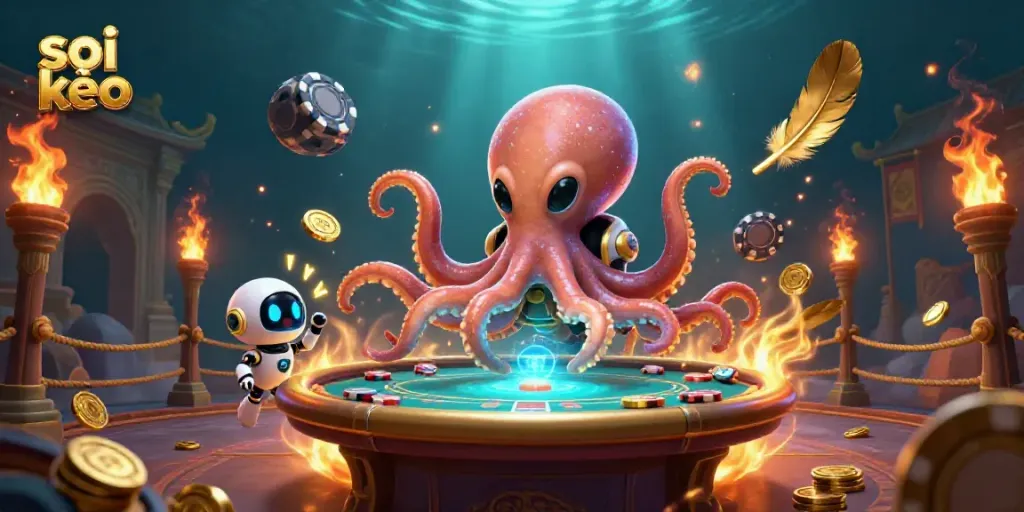 Play poker with soi kèo in this vibrant alien-themed casino scene featuring an octopus and robot.