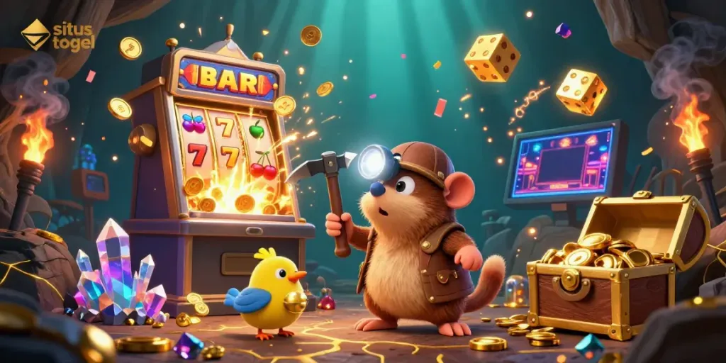 Engage with situs togel through a vibrant scene of a treasure hunter and a canary, exploring gold-filled caves.