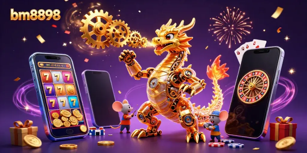 Engage in thrilling gameplay with bm8898, featuring a golden dragon and vibrant slot game elements.