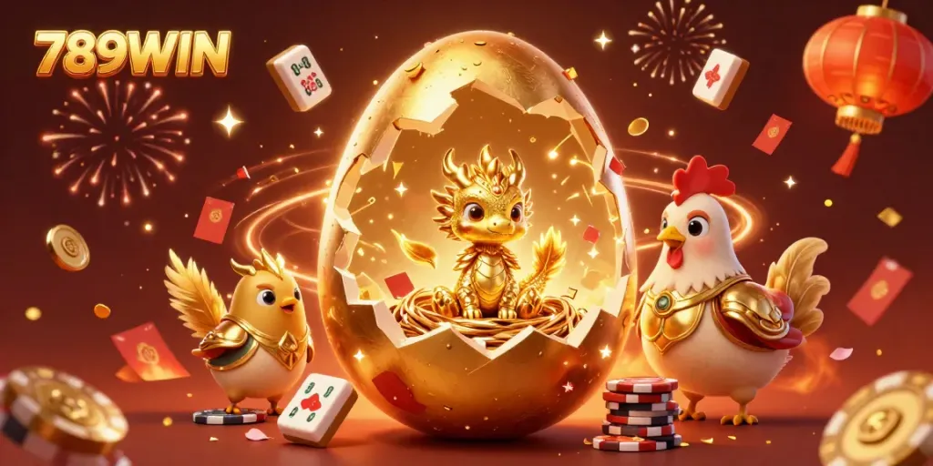 Experience the thrill of 789WIN with a golden dragon guarding poker chips amidst festive elements!