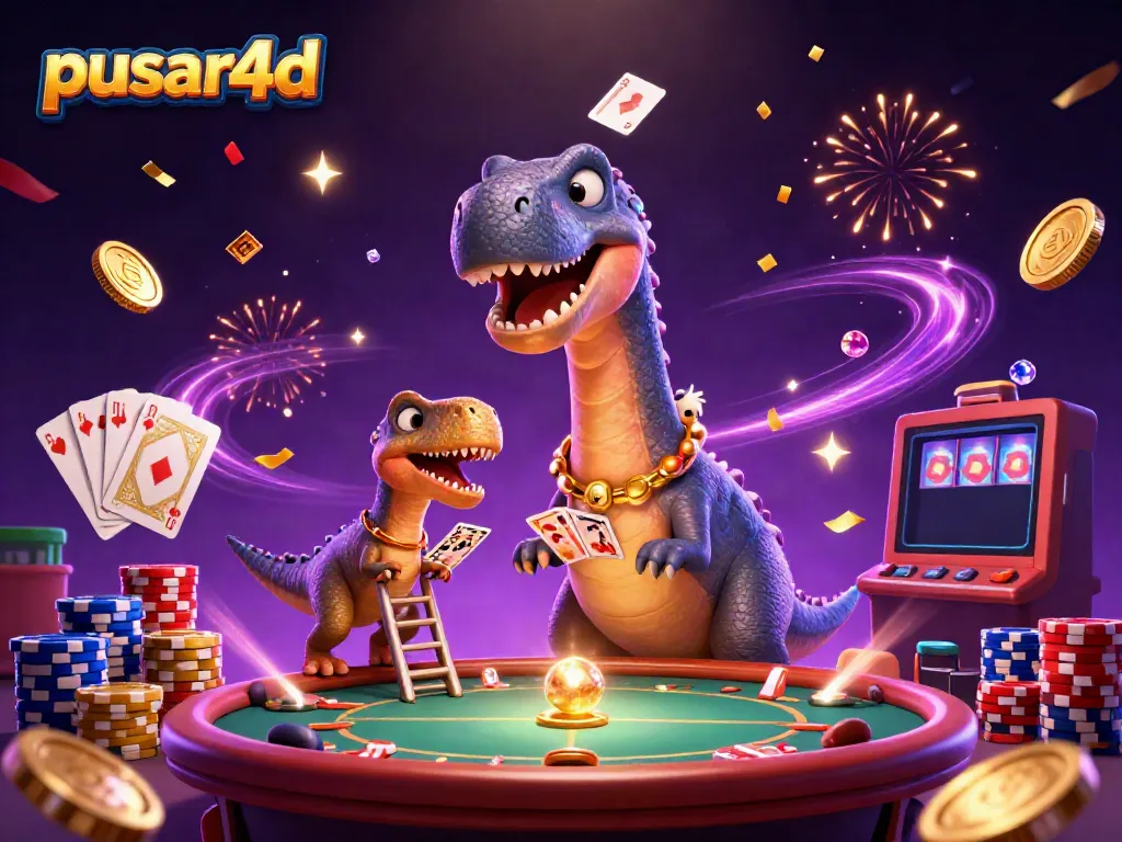 Experience the thrilling world of pusar4d with a whimsical scene of a brontosaurus and raptor at a casino.