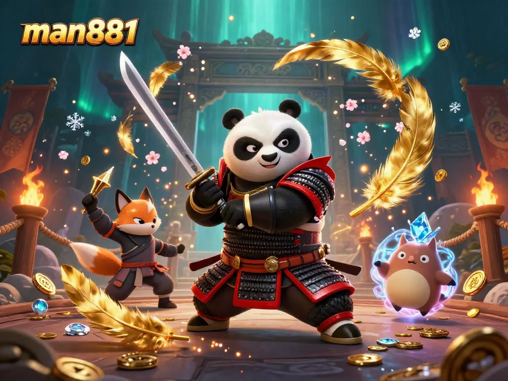 Unleash excitement at man881 with a dynamic scene featuring samurai panda, ninja fox, and spirit tanuki.