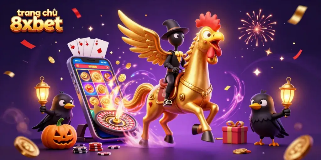 Experience the excitement of trang chủ 8xbet with a vivid 3D casino scene featuring a golden rooster and thrilling gaming elements.