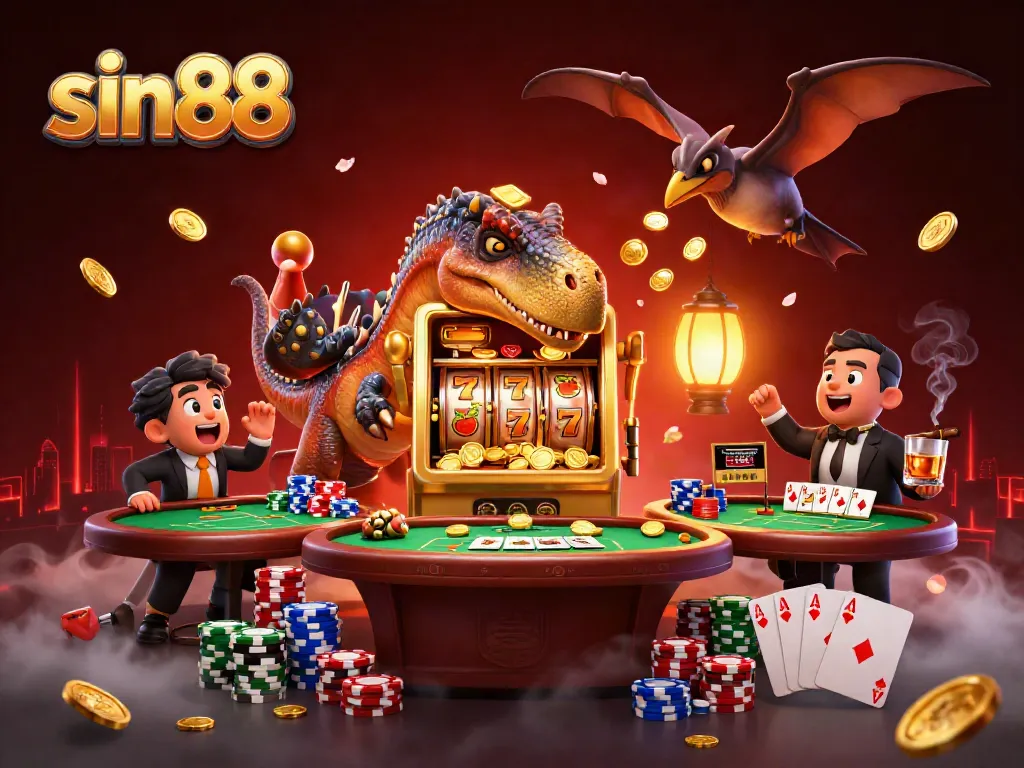 sin88 slot machine action with prehistoric characters celebrating jackpot wins in a vibrant casino scene