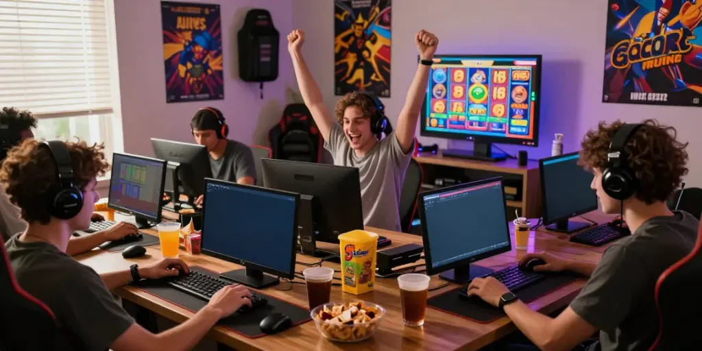 Exciting online gaming moment featuring players enjoying slot gacor games in a cozy room.