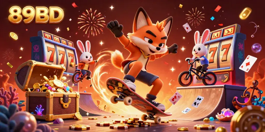Engage with thrilling 89BD slots in a dynamic casino-themed illustration.