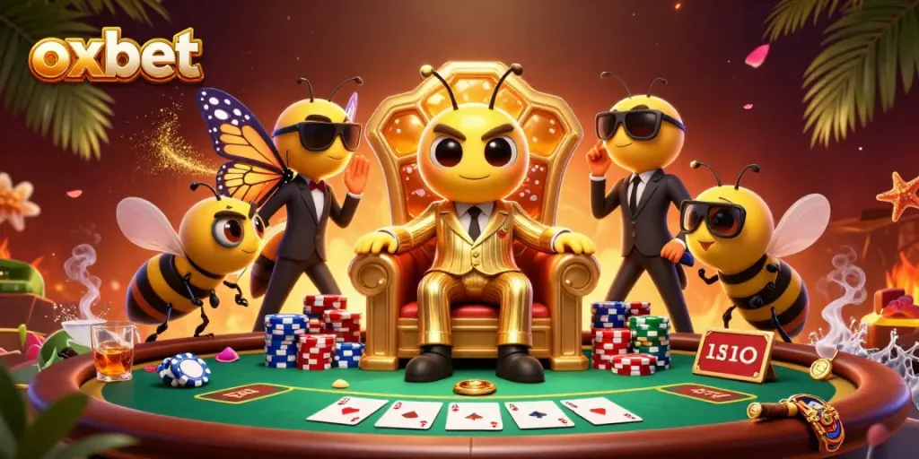 Experience thrilling poker action at OXBET with a vibrant, detailed 3D casino scene featuring cartoon characters.