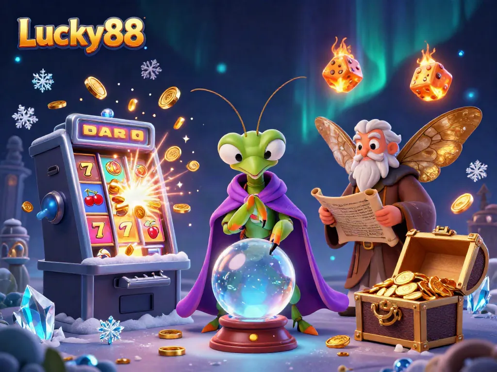 Experience the enchanting world of Lucky88 with colorful slot machines bursting with coins and magical creatures in a dreamy casino setting.