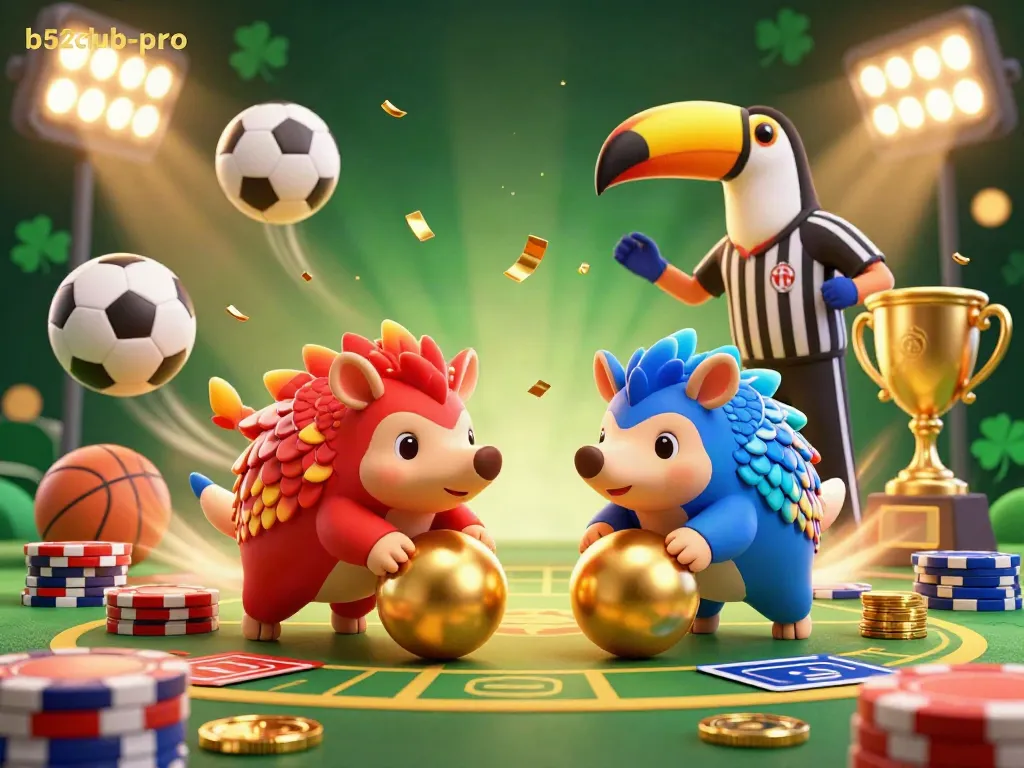 Experience thrilling action as b52club-pro pangolins compete in a vibrant casino scene filled with animated poker chips and sports elements.