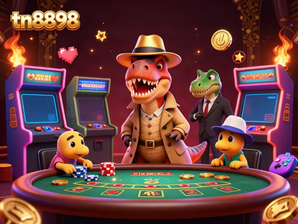 Experience tn8898 gaming with a cartoon velociraptor at a blackjack table, vibrant casino visuals.