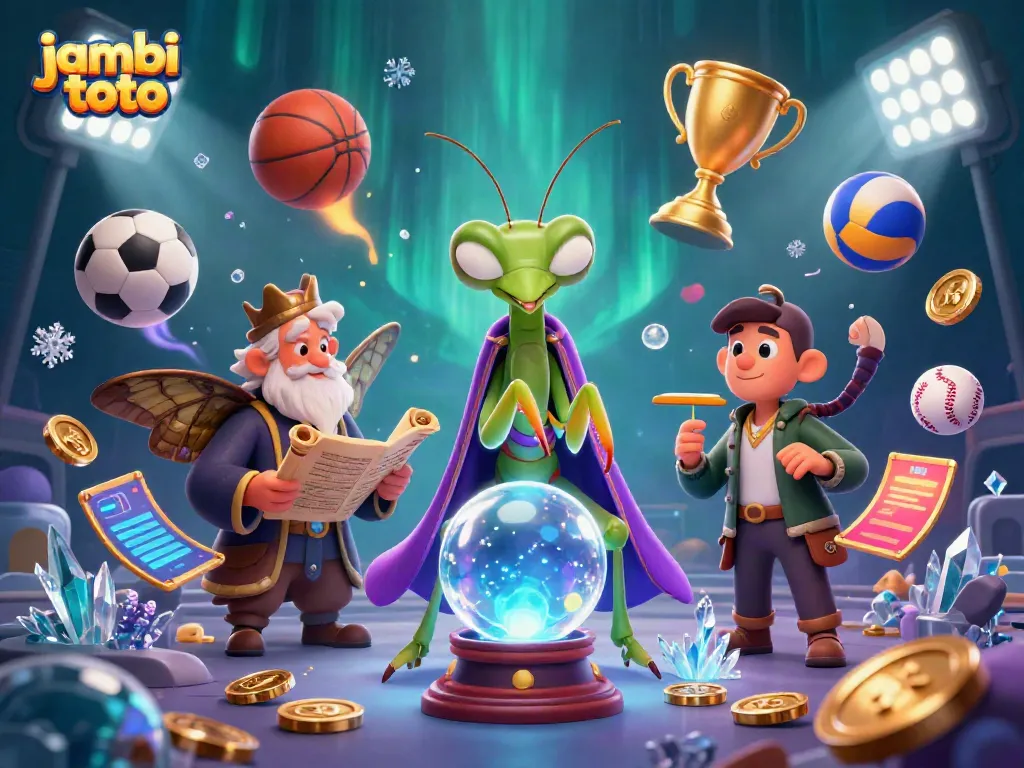 Engage with jambi toto in a mystical scene featuring fortune teller characters and dynamic sports elements.