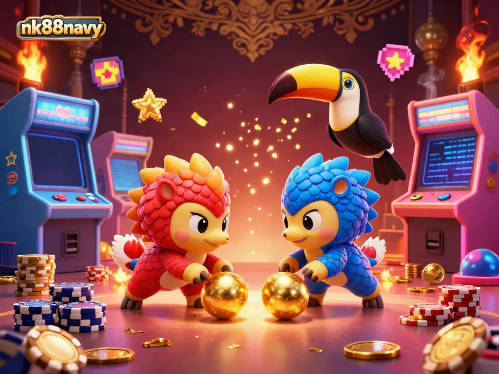 Enjoy thrilling gameplay at nk88navy with cartoon pangolins competing in a colorful casino arcade.
