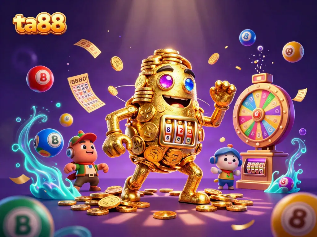 Engage in dazzling adventures with ta88, showcasing a golden golem amidst vibrant lottery elements.