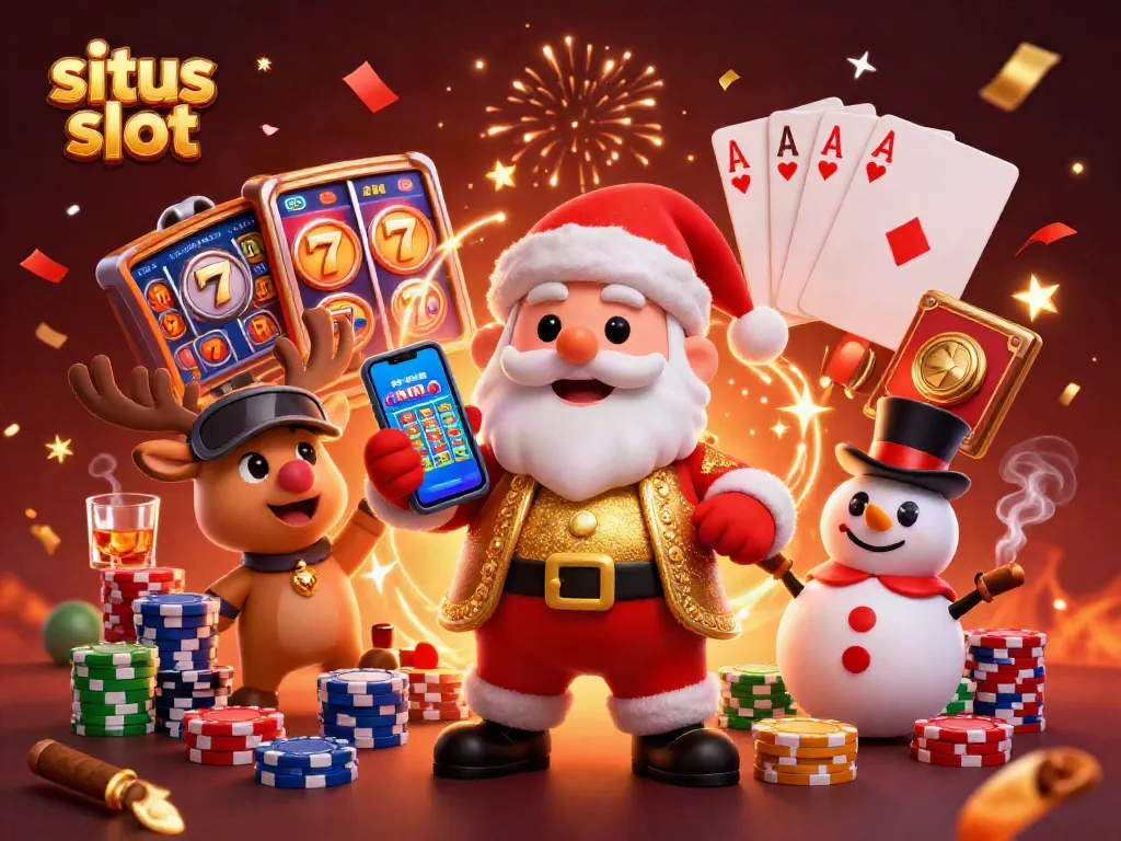Experience the excitement of situs slot with Santa, a reindeer dealer, and a poker chip snowman.