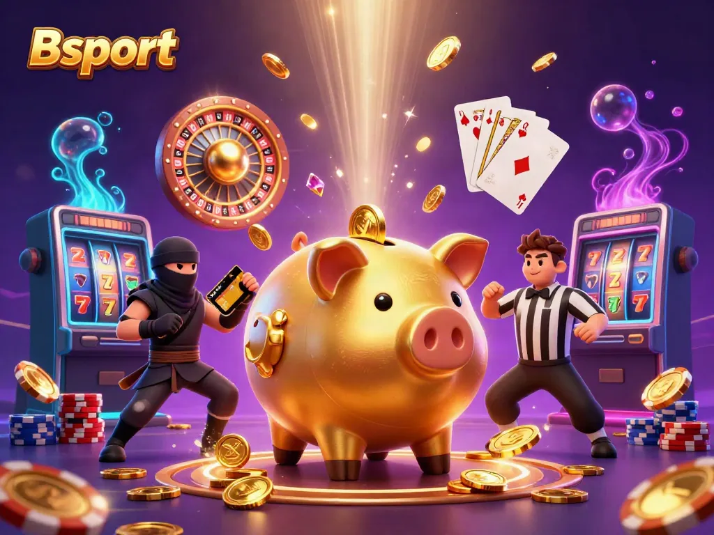 Bsport featuring a dynamic golden piggy bank wrestler surrounded by cascading coins and roulette elements in an engaging online casino scene.