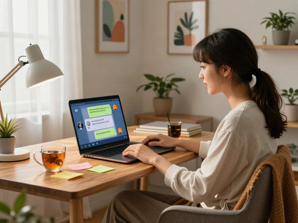 Engaging woman in cozy home office participating in an nsfw chat, with colorful chat bubbles on her laptop screen.
