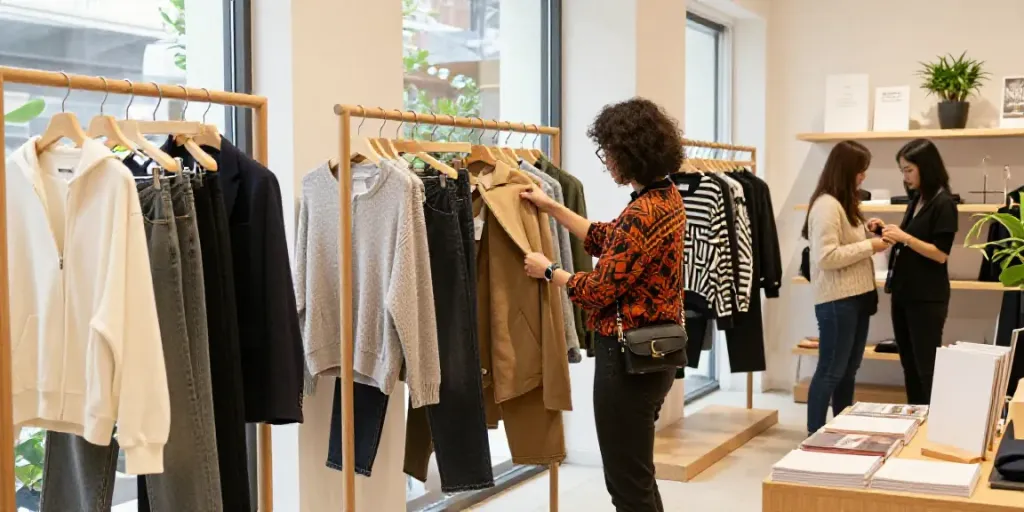 Engaging e-commerce scene showcasing kayu77 clothing with a modern boutique atmosphere