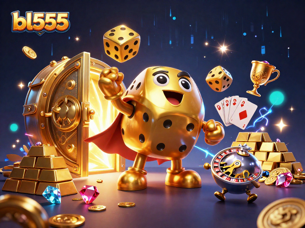 Experience exciting gameplay with bl555 in this vibrant 3D illustration of a golden dice golem and casino elements.