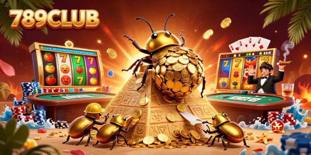 Engaging scene illustrating 789CLUB with golden beetles and vibrant slot elements.