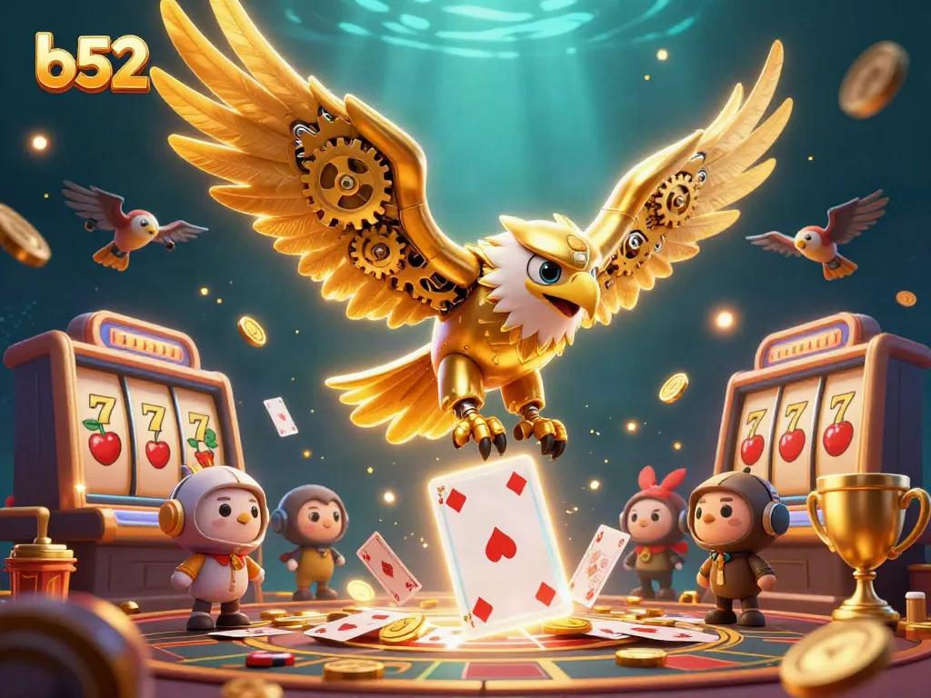 Engage in thrilling gameplay with b52, featuring a golden eagle amidst a cascade of playing cards and slot reels.
