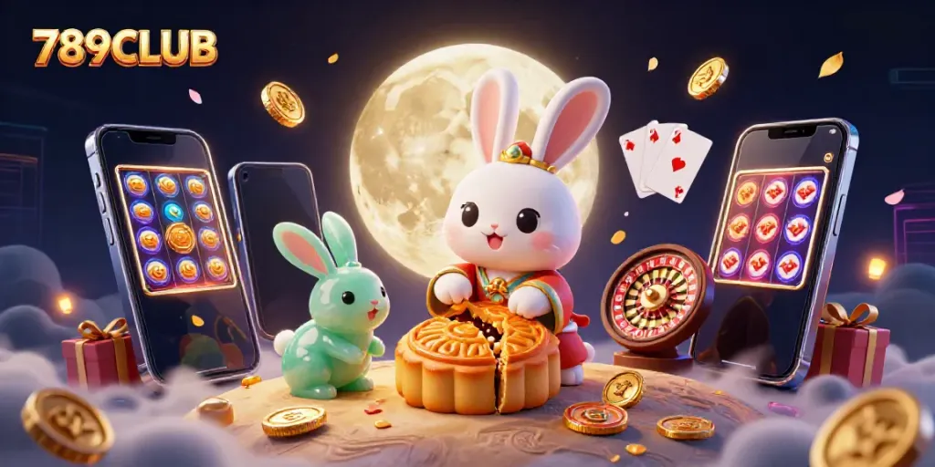 Experience the magic of 789CLUB with the moon rabbit and colorful casino games amidst a vibrant lunar landscape.