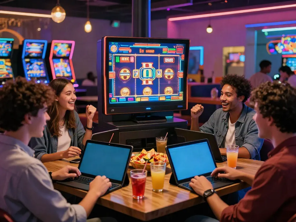 Friends enjoying a lively slot88 game night with vibrant graphics and modern lounge setting for entertainment.